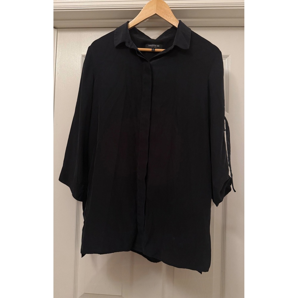 Lafayette 148 New York Blouse Women L Black 100% Silk 3/4 Sleeve Hidden Button - Picture 5 of 12